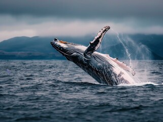 Fototapeta premium Humpback Whale Breaching in Alaskan Waters Under Cloudy Skies