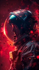  Close-up of an astronaut's face in a helmet, surrounded by glowing red particles.
