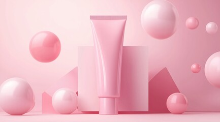 Abstract pink background with a cosmetic tube mockup and spheres.