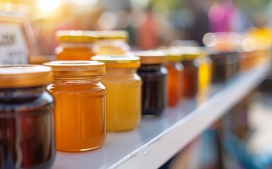 Colorful Jars of Homemade Preserves Displayed at a Sunset Market