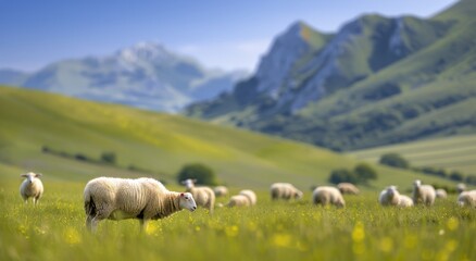 Fototapeta premium Sheep Grazing on Lush Green Hills in a Serene Rural Landscape