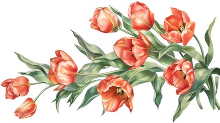 Tulip bouquet with leaves on white backdrop