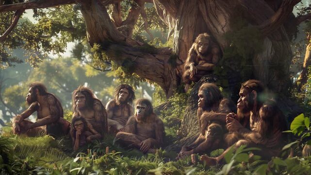 A family of human ancestors "Homo Erectus" under a tree
