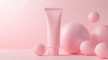 Abstract pink background with a cosmetic tube mockup and spheres.
