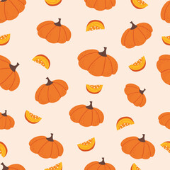 Seamless pattern with pumpkin and pumpkin slice. Cute fall pattern. Thanksgiving, Halloween. Autumn theme. Pattern for textiles, wrapping paper, background.