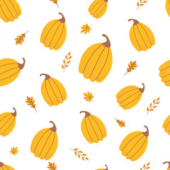 Seamless pattern with pumpkin and leaves. Cute fall pattern. Thanksgiving, Halloween. Autumn theme. Pattern for textiles, wrapping paper, background.