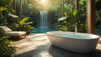 modern white bathtub in tropical exotic forest in nature