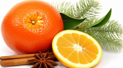 Festive christmas arrangement  fir branch with tangerines and spices on white table