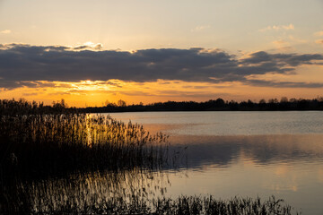 beautiful orange sky at sunset in spring