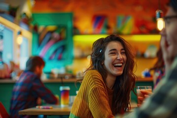 A smiling woman sits at a table, laughing