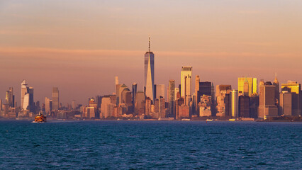 Lower Manhattan with Freedom Tower. World Trade Center over Hudson river. NY with World Trade Center tower.