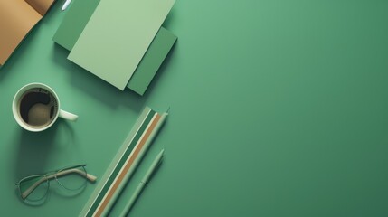 A high-quality AI-generated stock image of a set of office stationery and a cup of coffee on the left side, with ample space on the right for text. Perfect for business, and office environment content