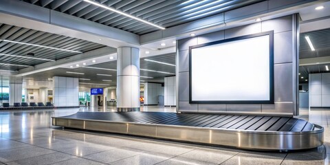 Fototapeta premium Airport Baggage Carousel with Blank Billboard, airport, travel, signage, advertisement