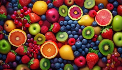 A vibrant canvas of different berries: strawberries, blueberries, blackberries, raspberries, cranberries, gooseberries, red currants, elderberries, goji berries, and cloudberries, showcasing a color.