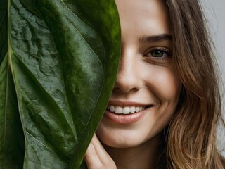 Smiling Woman with Brown Hair Behind Green Leaf