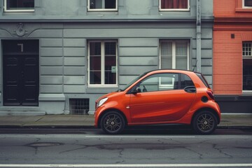 Fototapeta premium A bright orange smart car parked by the roadside, perfect for transportation or as a prop in a scene