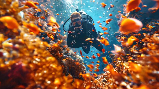 A diver in a diving suit swims underwater with fish and corals
