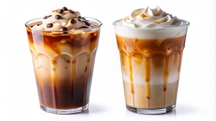 Caramel Coffee Variations Iced Coffee with Whipped Cream, Chocolate and Caramel Drizzle, Iced Latte with Caramel Drizzle and Whipped Cream, Coffee Drinks, Caramel Drinks, Iced Coffee, Latte