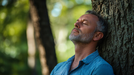  A man leaning against a tree with eyes closed, enjoying the peaceful forest atmosphere, symbolizing forest bathing and relaxation.