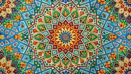 Colorful Mosaic Ceiling, Islamic Art, Geometric Patterns, Stained Glass, Architecture