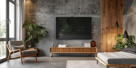 Interior design of a gray living room with big flat screen and indoor plants