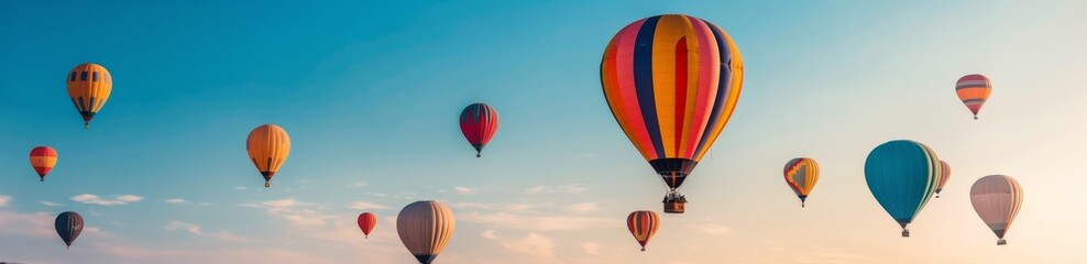 Obraz premium Colorful Hot Air Balloons Floating in a Clear Blue Sky at Sunrise