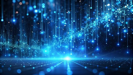 Digital Blue Glow Abstract Lines, Glowing Circles, and a Sparkly Grid, digital art, abstract background, futuristic, technology