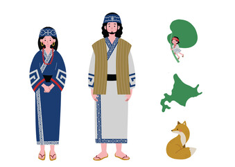 アイヌ民族の男女とコロポックルのイラストセット