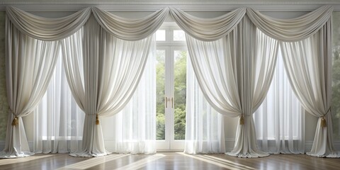 Elegant Draped Curtains with Sheer Panels and Golden Tassels, Interior Design , Window Treatments, Drapery, Curtain Styling