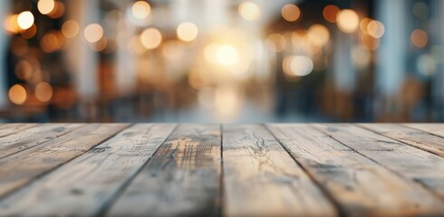Rustic Wooden Table With Blurry Cafe Background During Golden Hour
