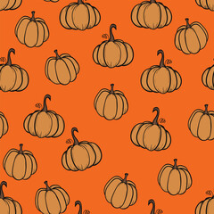 Seamless pattern with pumpkins on color background. Vector hand drawn sketched pumpkin. Autumn illustration for holidays, Halloween. Various food items in doodle style