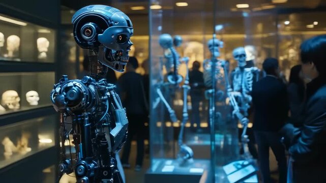 A technology museum exhibit showcases advanced robots with metallic designs under bright lighting. Visitors, including diverse ages and ethnicities, explore and interact with the display during the