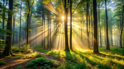 Obraz premium Golden Rays Illuminating a Misty Forest Path, Landscape Photography, Nature, Sunlight, Forest Path,