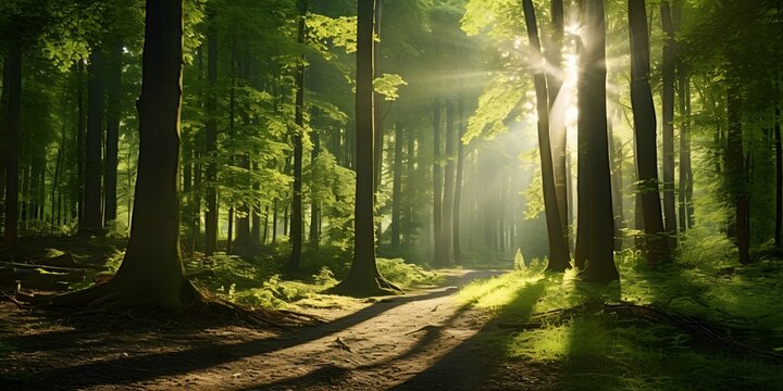 A beautiful fairytale enchanted forest with big trees, a big moon in the sky illuminating trees and great vegetation