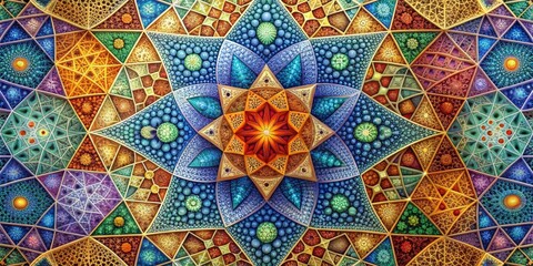 Kaleidoscopic Starburst of Color and Geometry, digital art, fractal pattern, intricate design, geometric art, mandala, symmetry