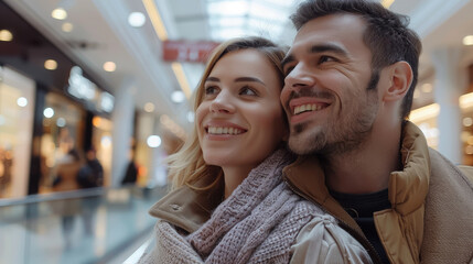 Obraz premium smiling man and woman in a shopping center, mall, sale, store, guy and girl shopping together, love, date, interior, architecture, shopper, black friday, client, consumer, happy couple, white, light