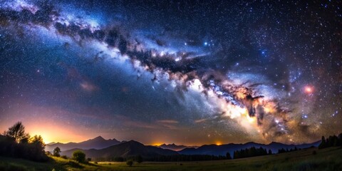 Naklejka premium Milky Way Arching Over Mountain Range at Night, wide-angle, night sky, stars, mountains, landscape, night sky