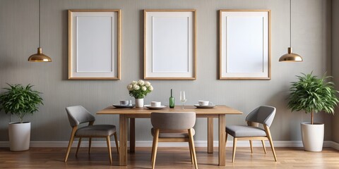 Minimalist Dining Room with Wooden Table and Chairs, Three Empty Frames on Wall, Grey and White Decor, Interior Design, Dining Room Decor , Interior Design , Minimalist Design