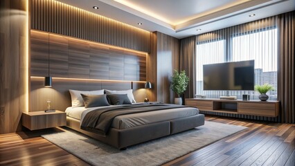 Fototapeta premium Modern Bedroom Interior Design with Wooden Walls and Floor, Bedside Lamps, TV and Plants, bedroom design, interior design, modern bedroom, wooden decor