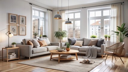 Modern Living Room Interior Design with Gray Couches and Natural Elements, interior design, living room, modern, minimalist ,