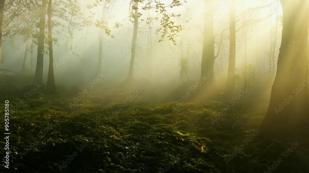 Poster fog envelops a serene forest in the early morning, with sunlight streaming through the trees creatin