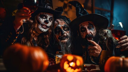Three Witches Celebrating Halloween Night With Drinks and Jack-o'-Lanterns