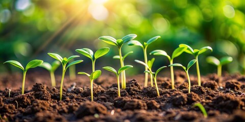 New Life Sprouting in the Morning Sun, Close-Up, Green Seedlings, Sunlight, Soil, new life, growth
