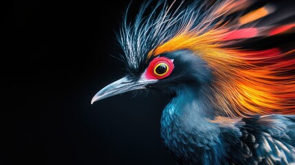 Dynamic beauty of a long-feathered bird with swirling colors on dramatic black backdrop