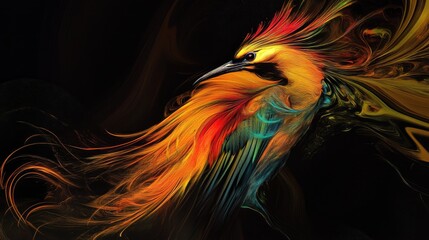 Obraz premium Dynamic beauty of a long-feathered bird with swirling colors on dramatic black backdrop