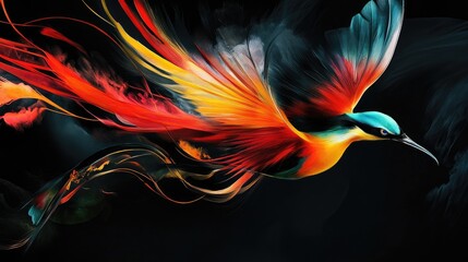 Obraz premium Dynamic long-feathered bird with vibrant colors on a dramatic black backdrop, exuding energy