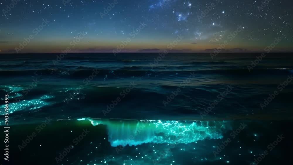 Poster glowing waves illuminate the shoreline beneath a vast starry sky, creating a stunning contrast betwe