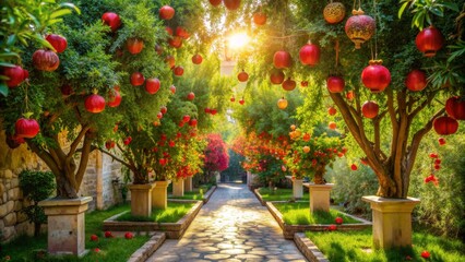 Pomegranate Paradise - A Pathway through a Garden of Red and Gold, Sunlit Trees, Pomegranate, Garden , Tree, Orchard