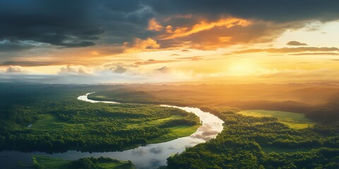 Adventure explore air dron view vibe, Beautiful green amazon forest landscape at sunset sunrise