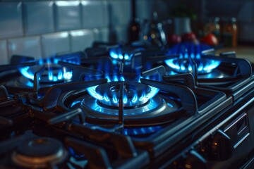 Gas stove burner with blue flame transparency. Impact of economic downturn on gas prices